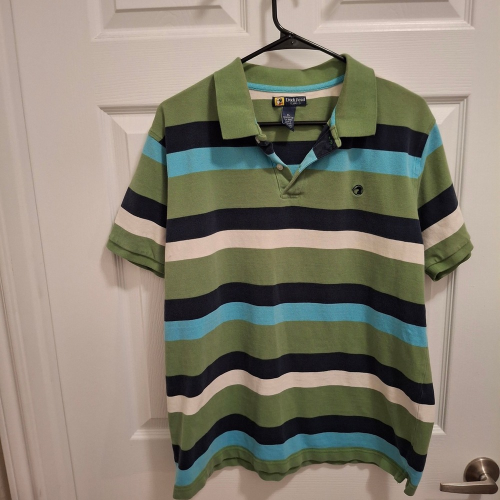 3/$15 Duck Head Jeans Co. Men's‎ XL Green Blue Stripe Short Sleeve Polo Cotton